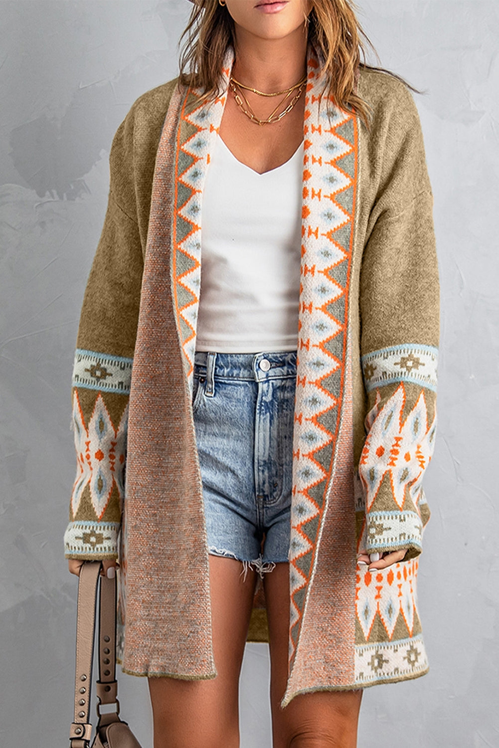 Geometric Open Front Long Sleeve Cardigan-Angel Casuals
