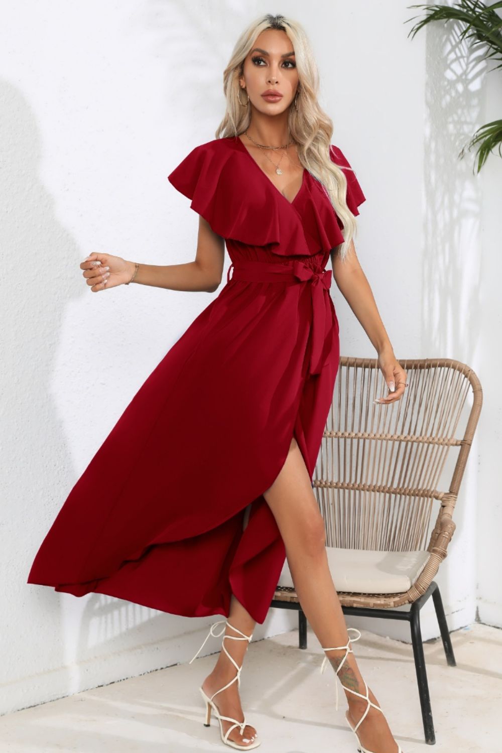 Ruffled Tied V-Neck Midi Dress-Angel Casuals