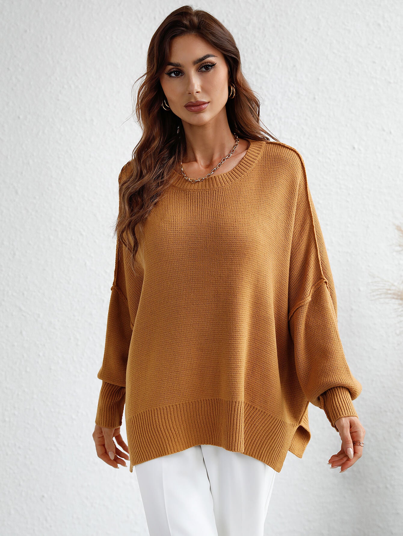 Exposed Seam Dropped Shoulder Slit Sweater-Angel Casuals