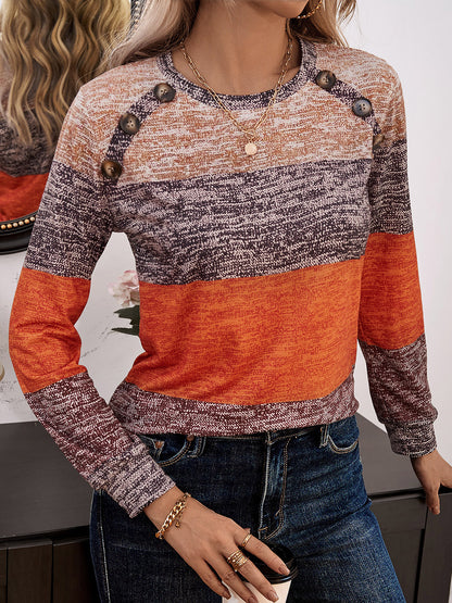 Decorative Button Contrast Round Neck Long Sleeve T-Shirt-Angel Casuals