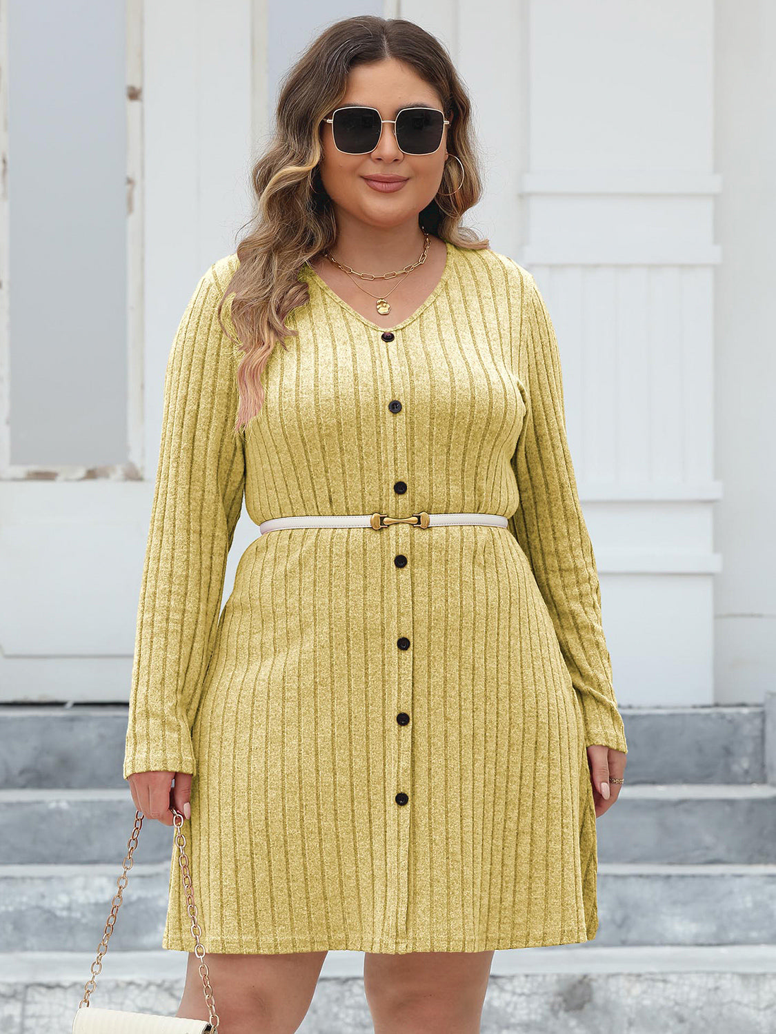 Plus Size Ribbed Buttoned V-Neck Long Sleeve Dress-Angel Casuals