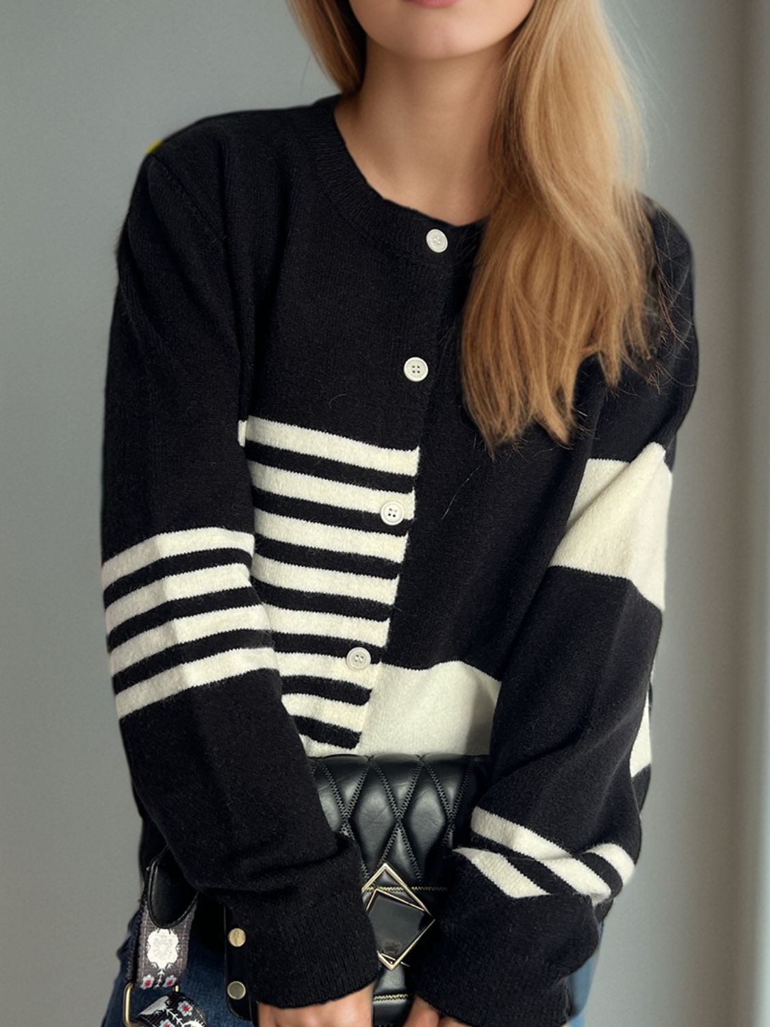 Striped Color Block Round Neck Cardigan-Angel Casuals