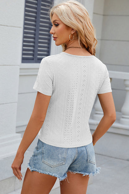 Eyelet Ruched Round Neck Short Sleeve T-Shirt-Angel Casuals