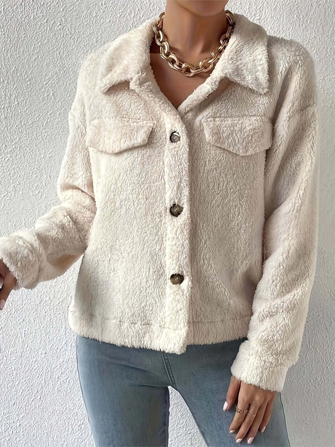 Collared Neck Button Up Jacket with Decorative Pocket Flaps-Angel Casuals