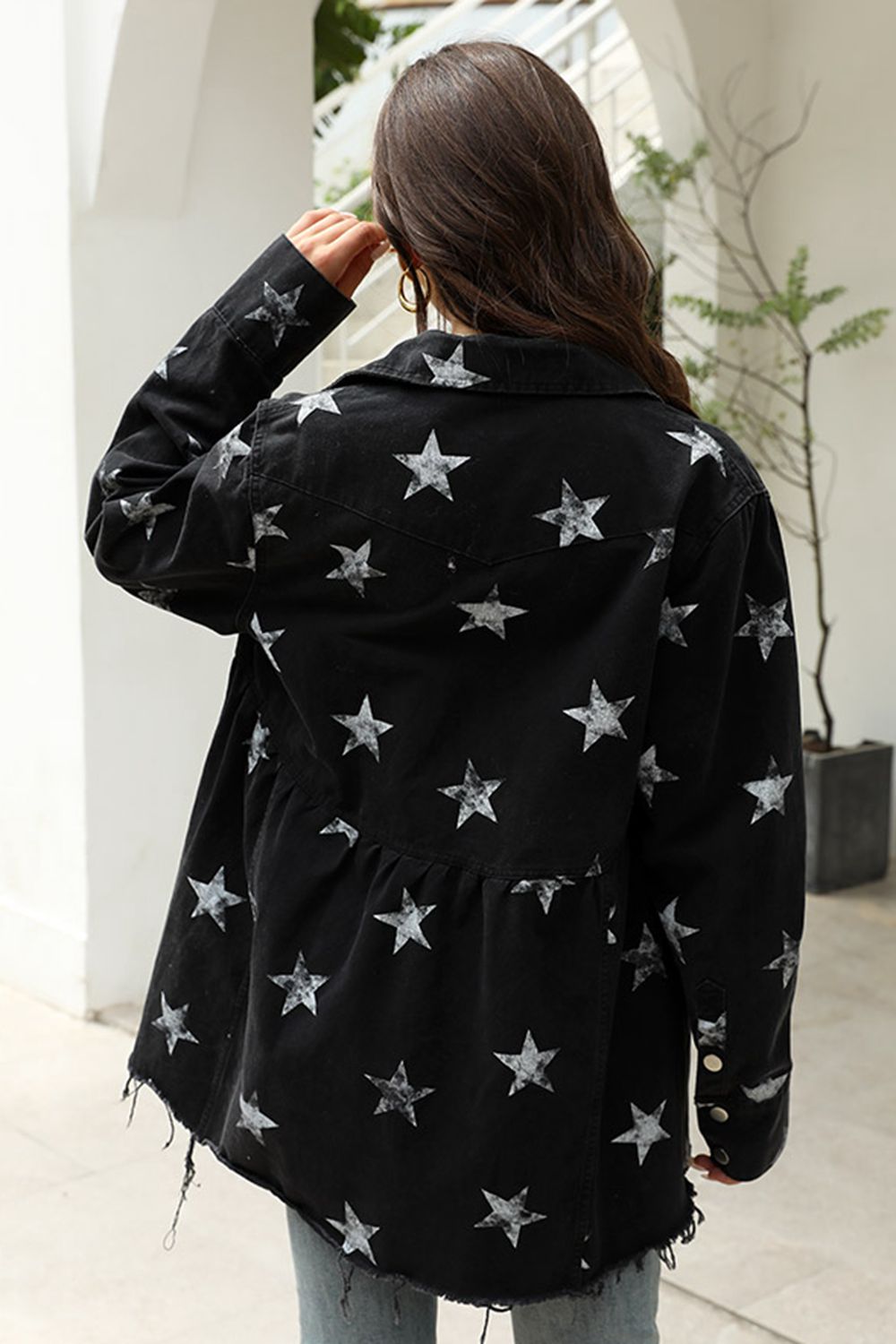 Collared Neck Star Print Long Sleeve Denim Jacket-Angel Casuals