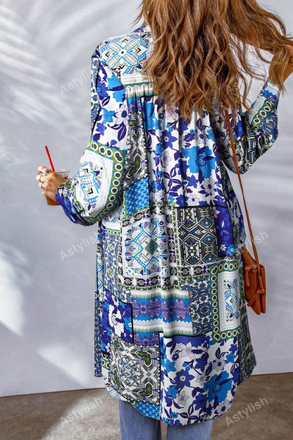 Printed Button Up Long Sleeve Cardigan-Angel Casuals