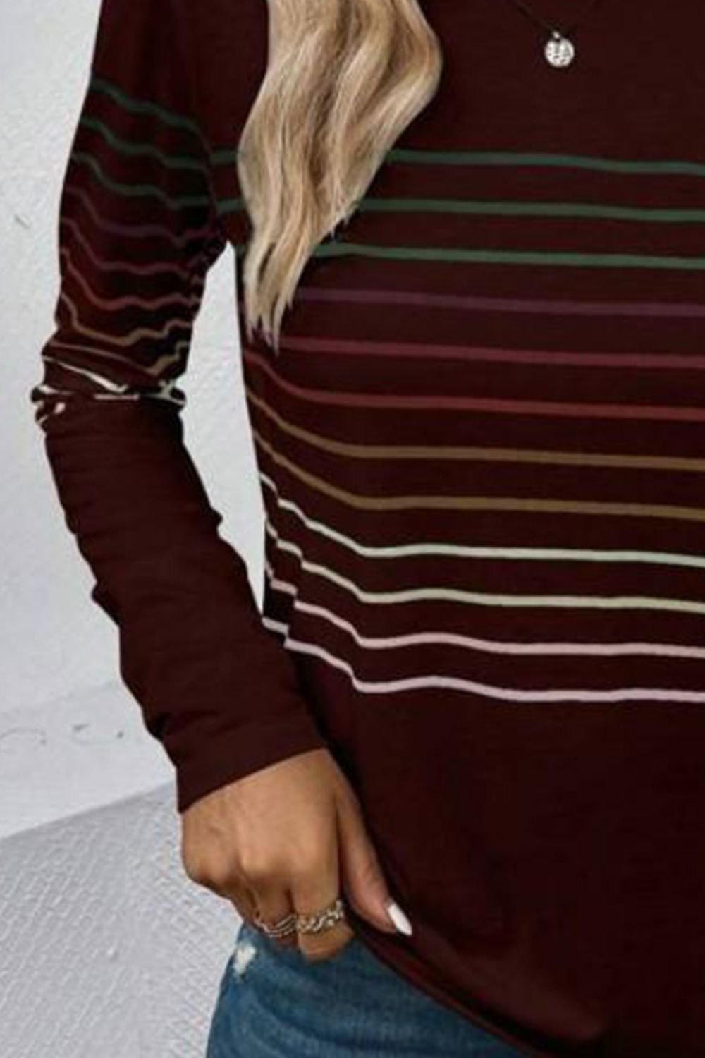 Striped Round Neck Long Sleeve T-Shirt-Angel Casuals