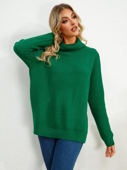 Slit Turtleneck Dropped Shoulder Sweater-Angel Casuals