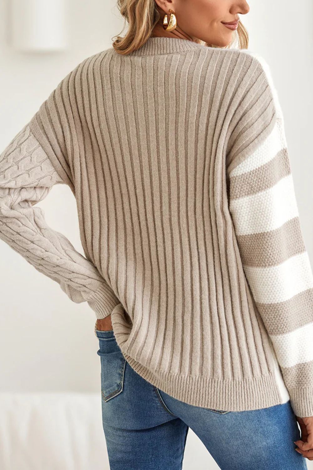 Cable-Knit Color Block Round Neck Sweater-Angel Casuals