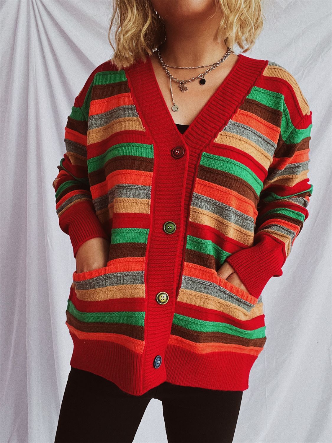 Contrast Stripes Button Up Long Sleeve Cardigan-Angel Casuals