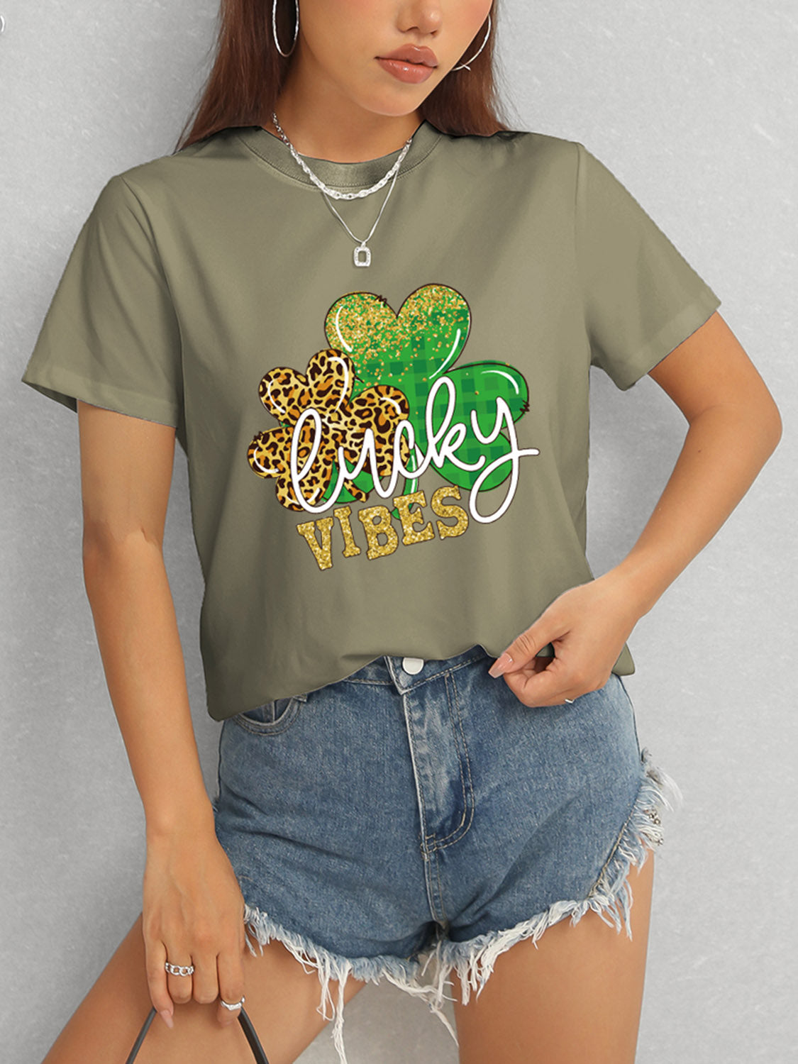 LUCKY VIBES Round Neck Short Sleeve T-Shirt-Angel Casuals