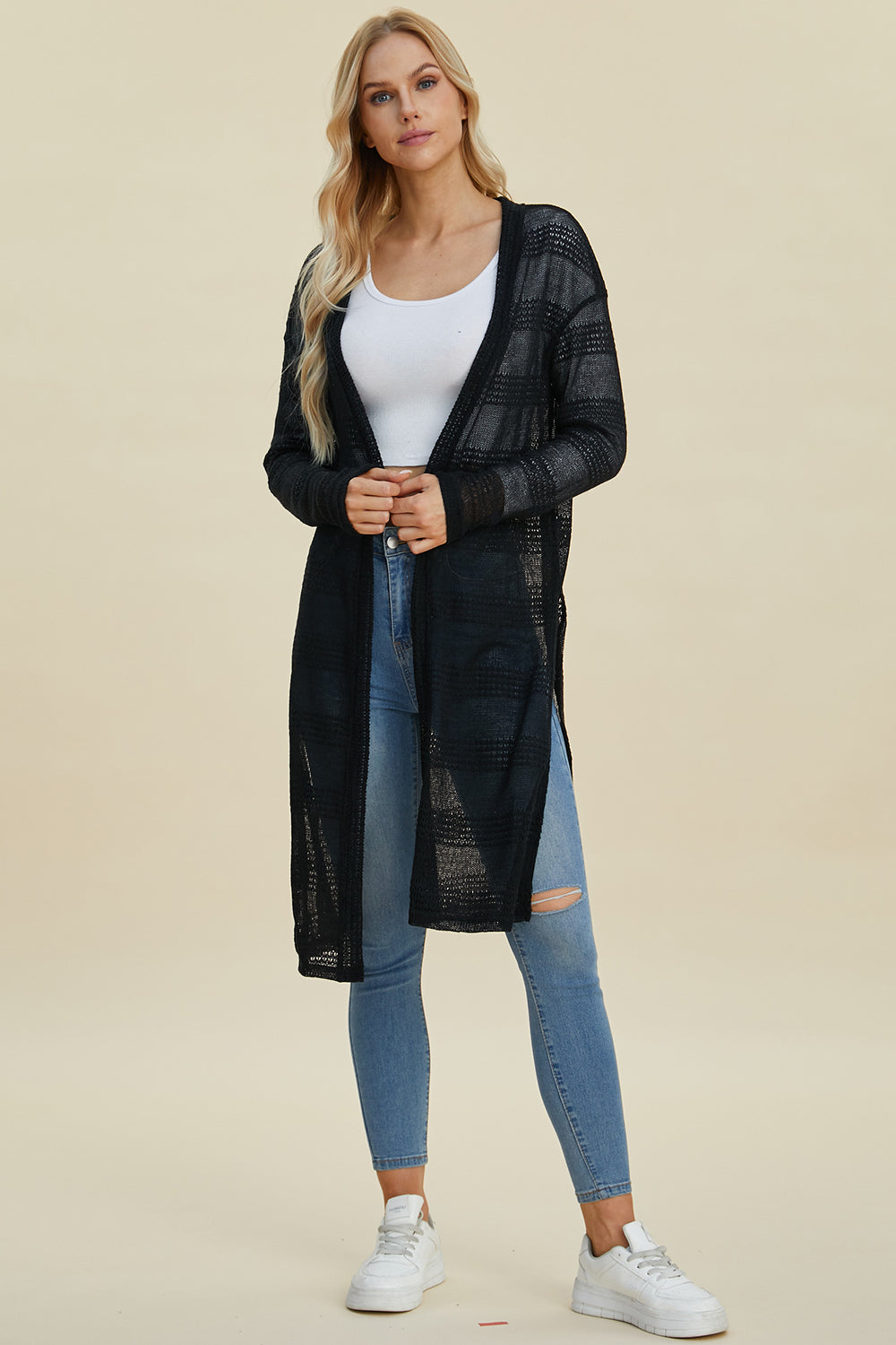 Double Take Full Size Open Front Longline Cardigan-Angel Casuals