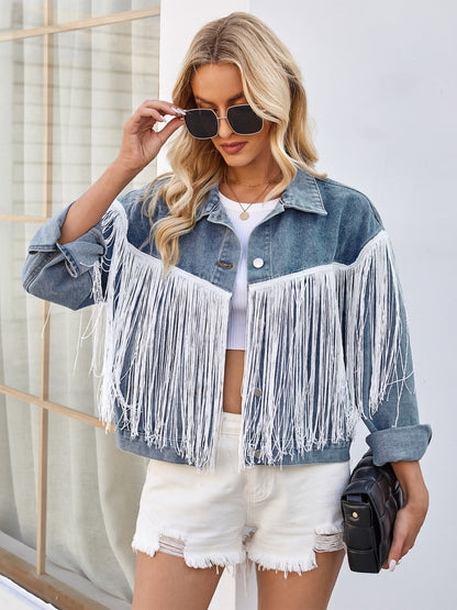 Tassel Button Up Dropped Shoulder Denim Jacket-Angel Casuals