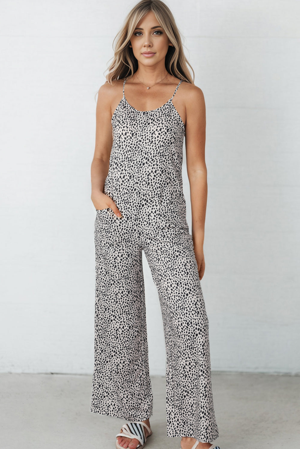 Printed Spaghetti Strap Jumpsuit with Pockets-Angel Casuals