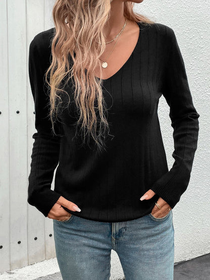 Perfee V-Neck Long Sleeve Knit Top-Angel Casuals