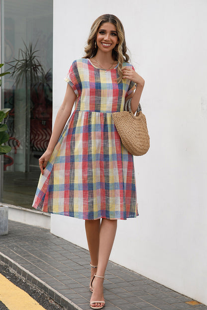 Plaid Round Neck Cap Sleeve Dress-Angel Casuals