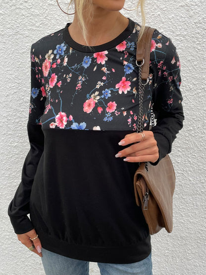 Floral Print Round Neck Dropped Shoulder Tee-Angel Casuals