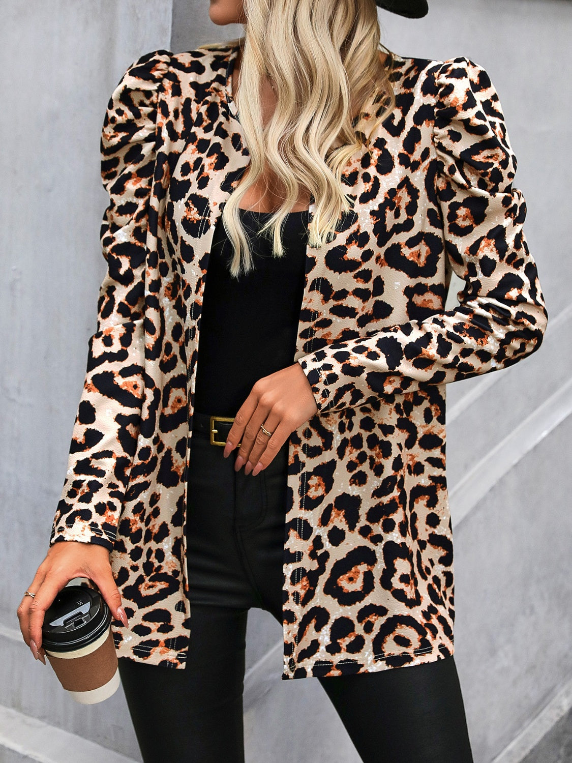 Leopard Open Front Puff Sleeve Jacket-Angel Casuals