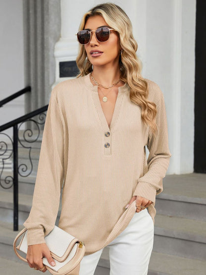 Striped Notched Long Sleeve T-Shirt-Angel Casuals