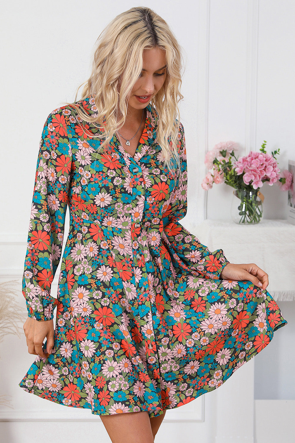 Floral Button Front Collared Neck Shirt Dress-Angel Casuals