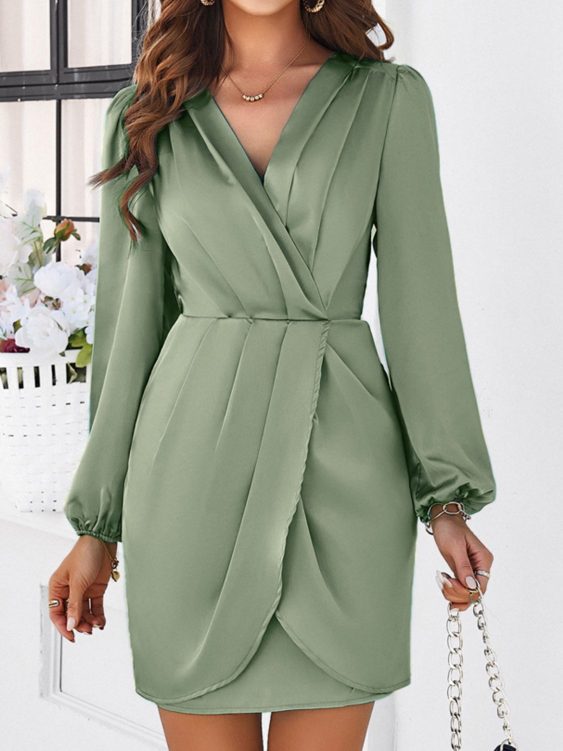 Ruched Surplice Long Sleeve Mini Dress-Angel Casuals