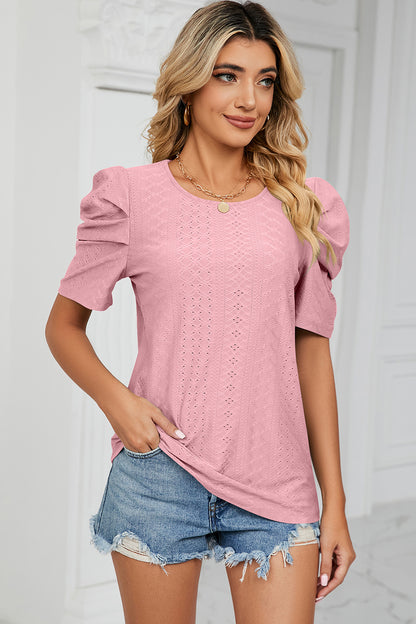 Eyelet Round Neck Puff Sleeve T-Shirt-Angel Casuals