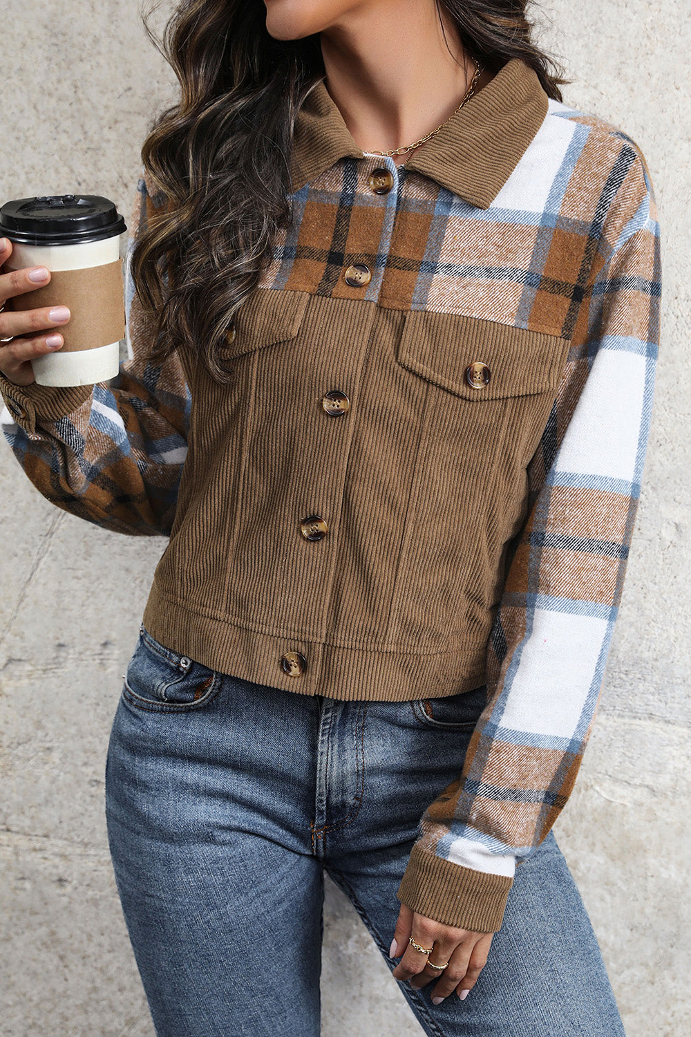Perfee Plaid Button Up Collared Neck Jacket-Angel Casuals