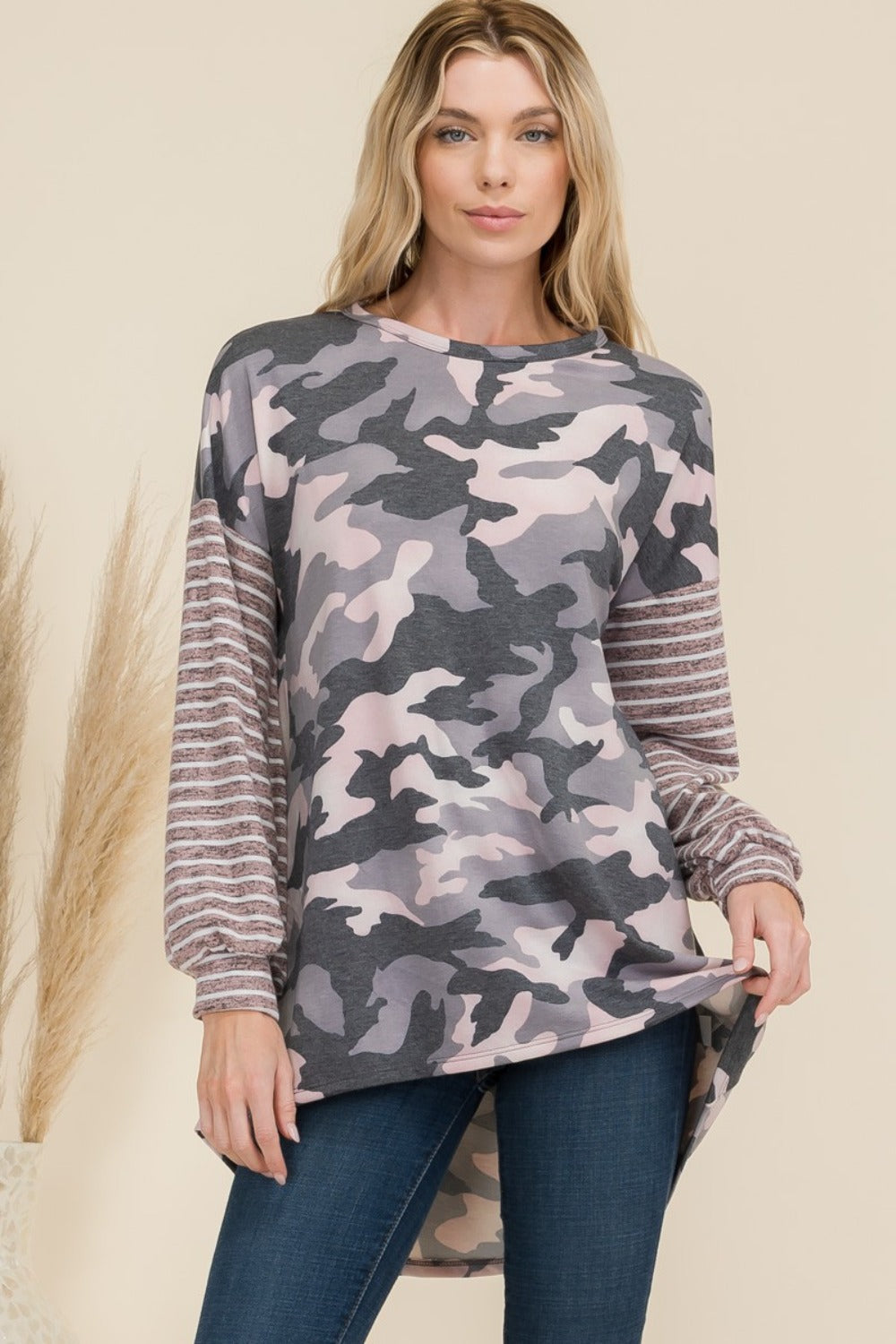 Celeste Full Size Camo Print High-Low T-Shirt with Stripe Sleeves-Angel Casuals