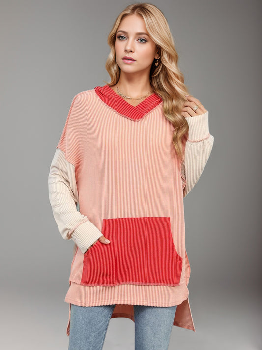Double Take Contrast Hooded Long Sleeve Top-Angel Casuals