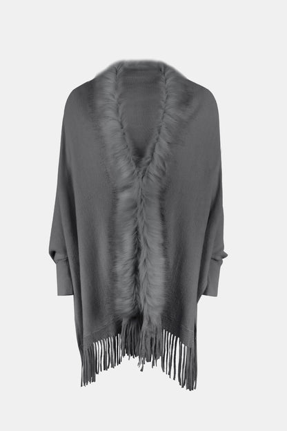Fringe Open Front Long Sleeve Poncho-Angel Casuals