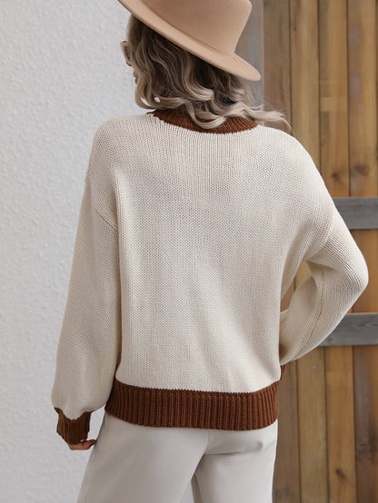 Contrast Trim Drop Shoulder Pullover Sweater-Angel Casuals