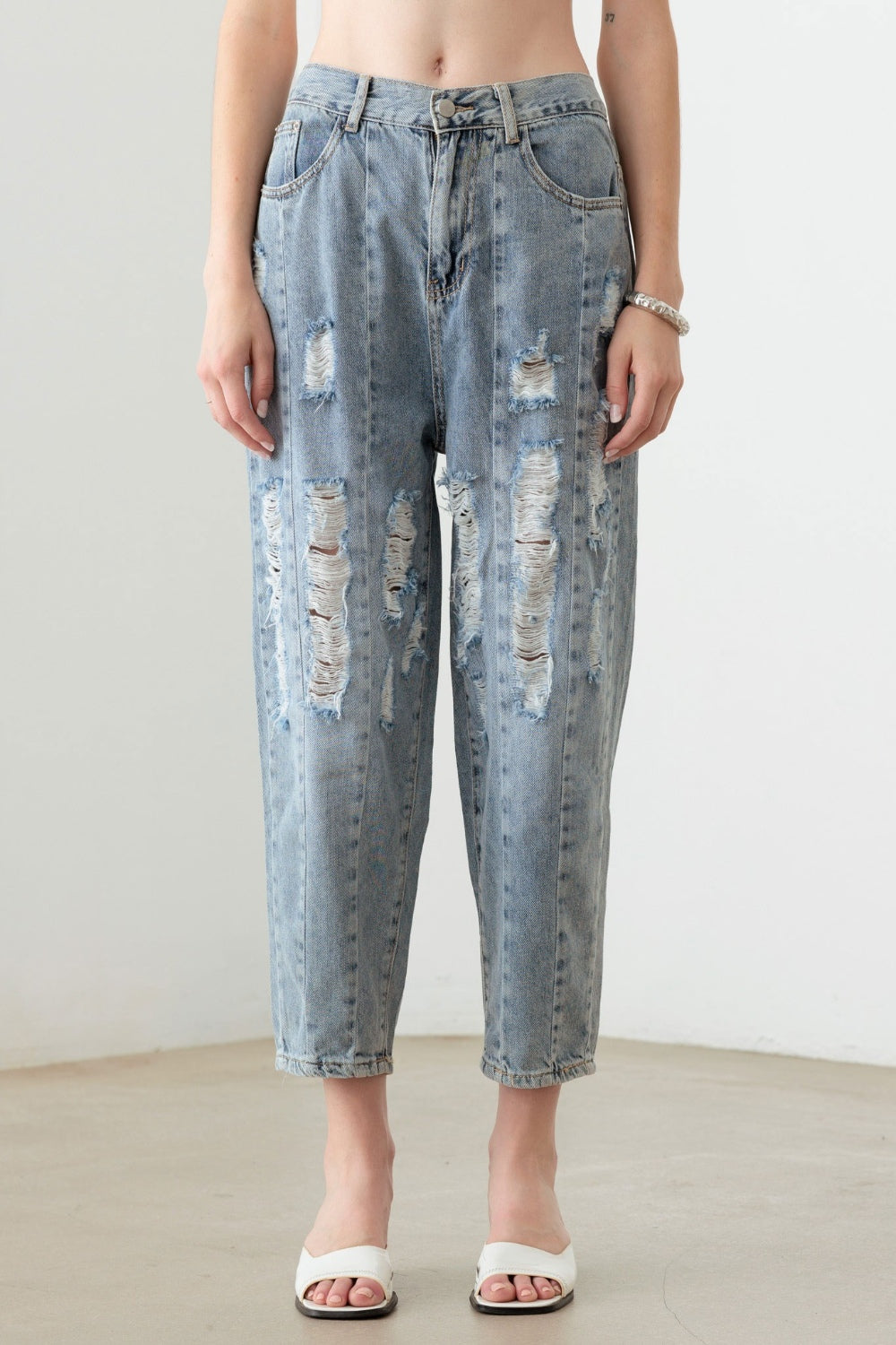 Litz La Washed Barrel Leg High Waist Distressed Jeans-Angel Casuals