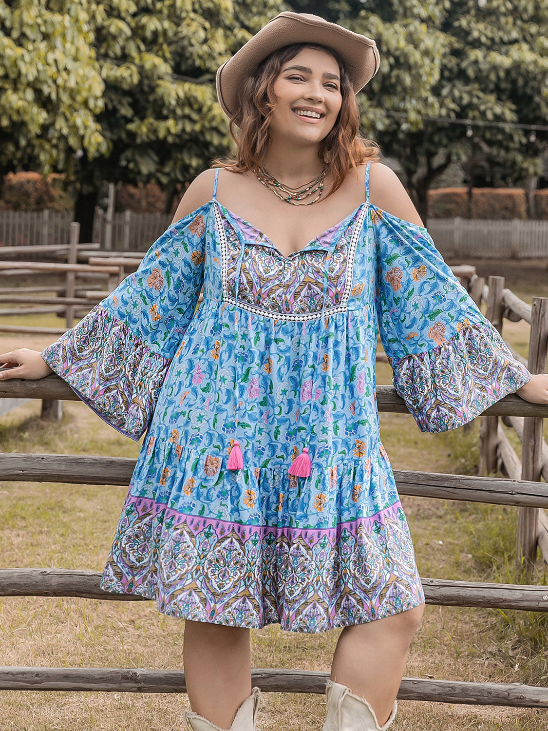 Plus Size Printed Long Sleeve Mini Dress-Angel Casuals