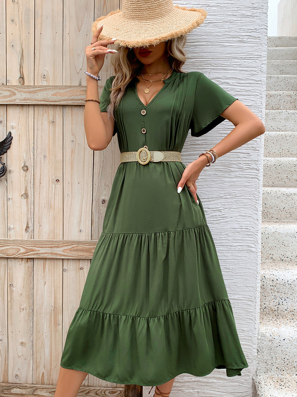 Tiered Notched Short Sleeve Midi Dress-Angel Casuals