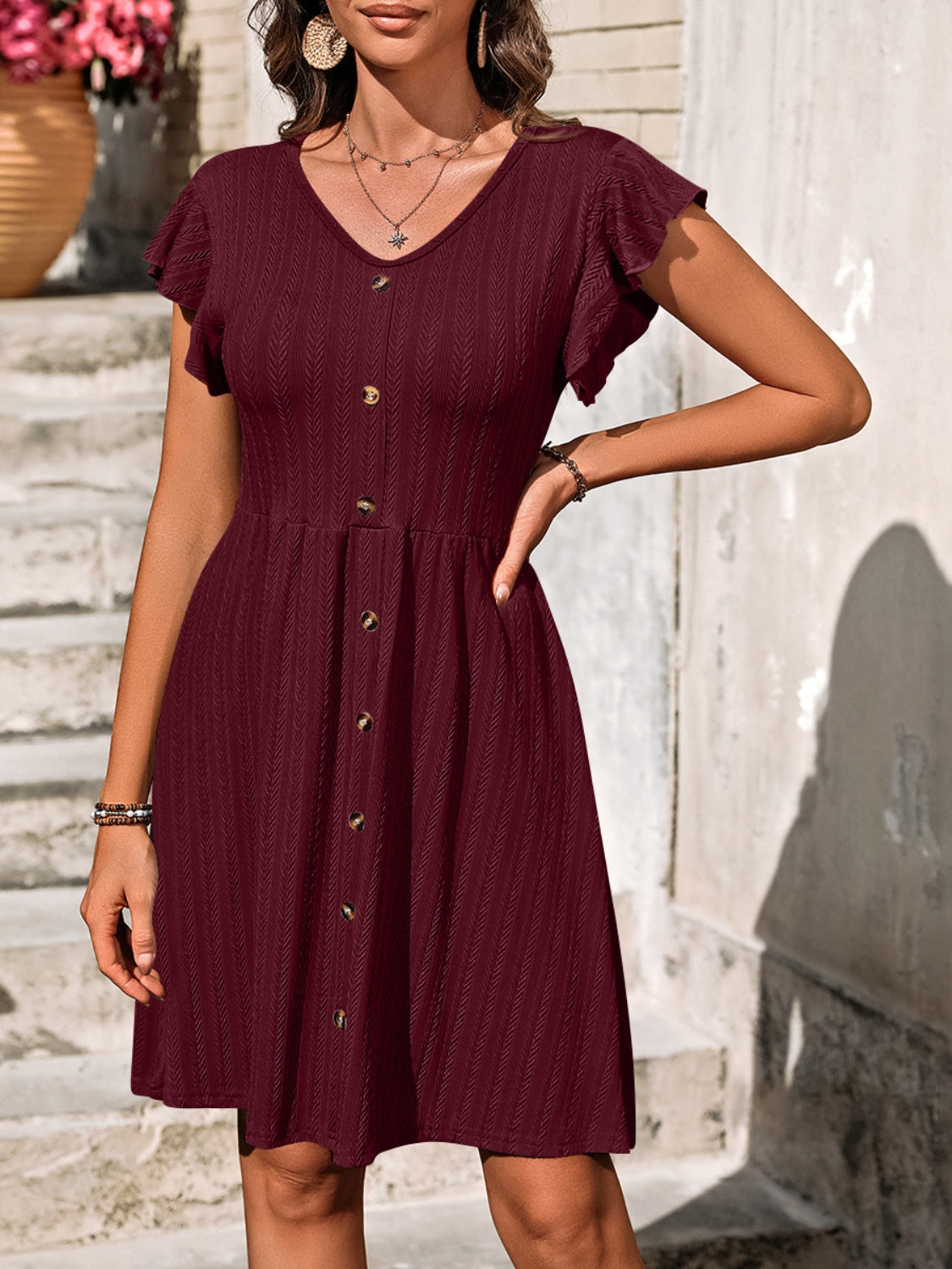 Decorative Button Ruffled V-Neck Dress-Angel Casuals