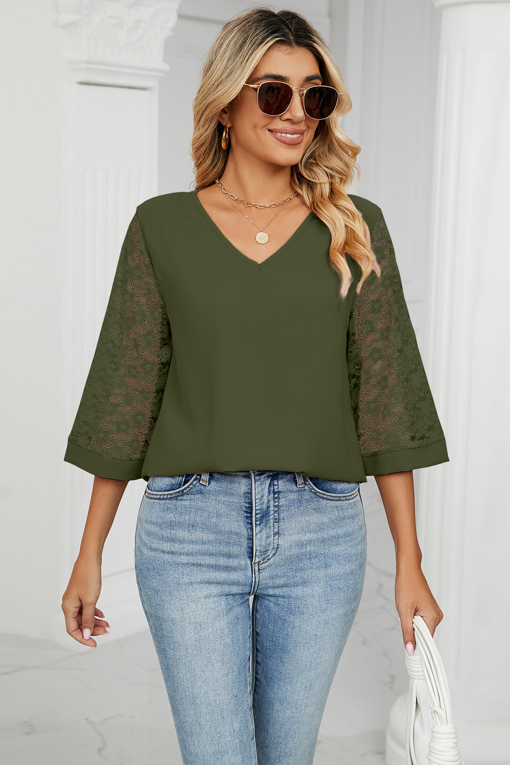 V-Neck Three-Quarter Sleeve Top-Angel Casuals