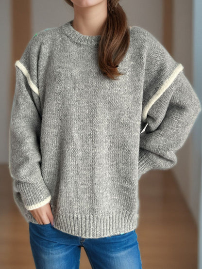 Contrast Trim Round Neck Dropped Shoulder Sweater-Angel Casuals