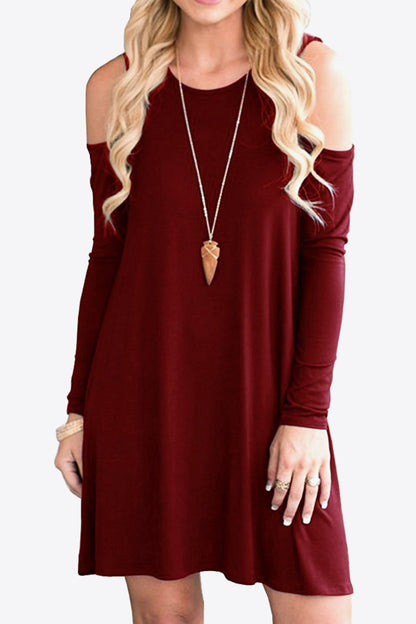 Cold-Shoulder Long Sleeve Round Neck Dress-Angel Casuals