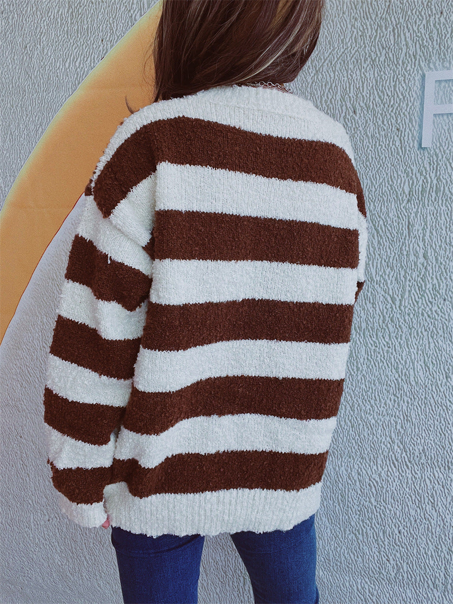 Striped Round Neck Long Sleeve Sweater-Angel Casuals