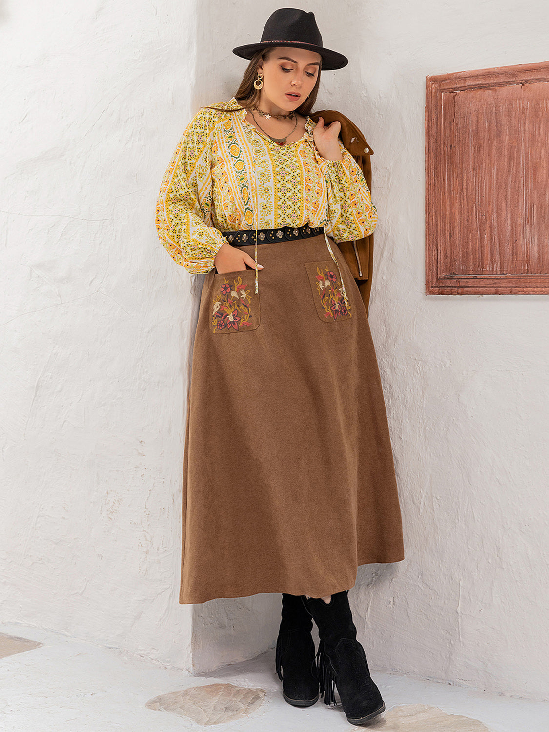 Plus Size Embroidered Pocketed High Waist Skirt-Angel Casuals