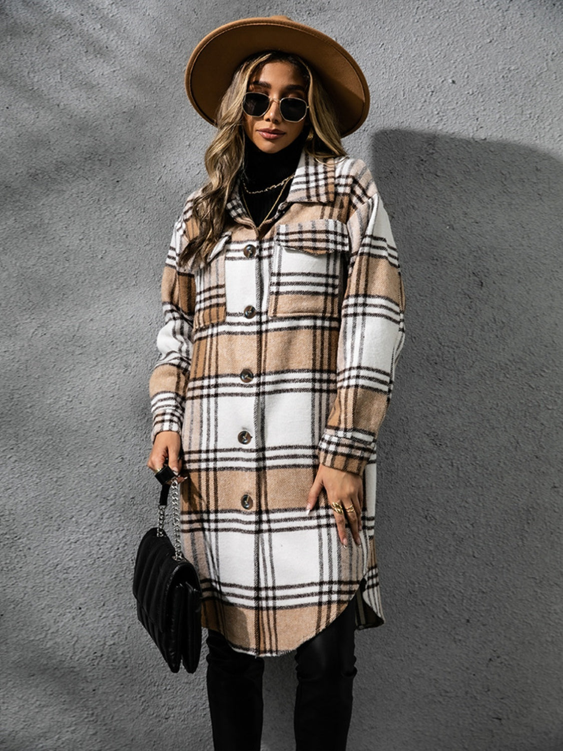 Plaid Collared Neck Long Sleeve Coat-Angel Casuals