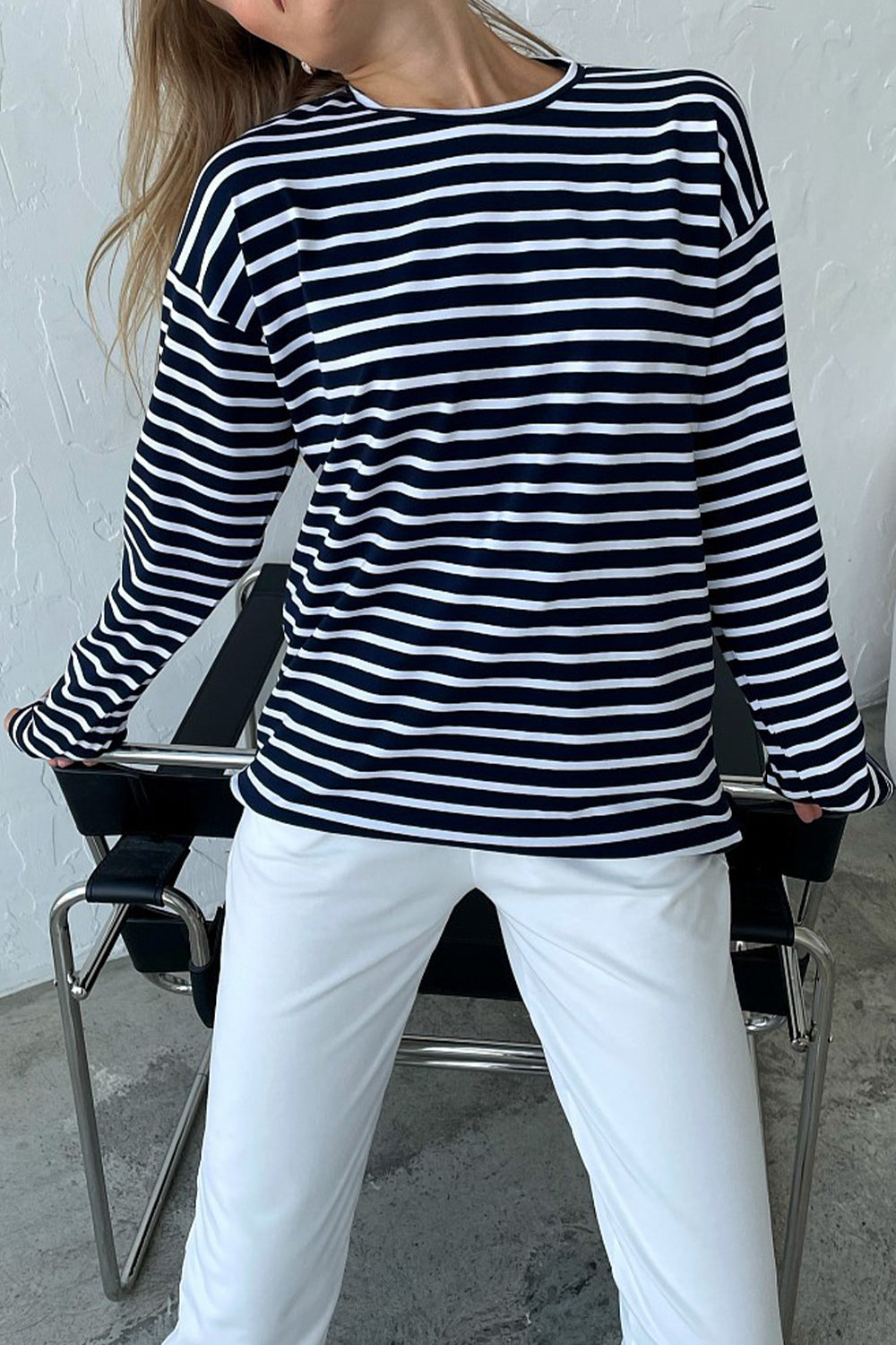 Round Neck Striped Dropped Shoulder T-Shirt-Angel Casuals