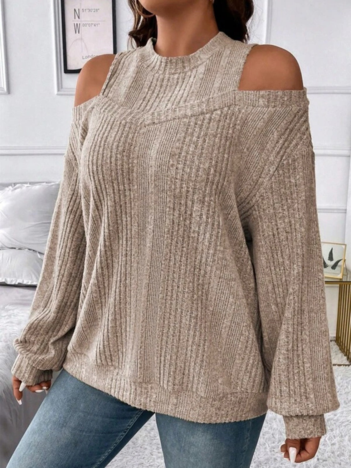 Round Neck Cold Shoulder Sweater-Angel Casuals