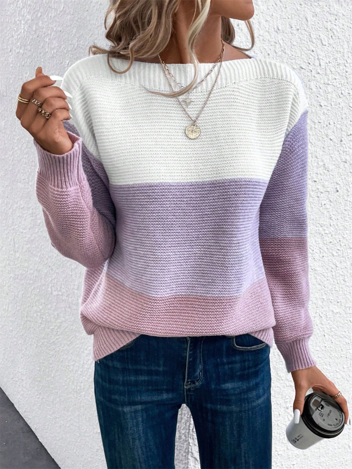 Color Block Drop Shoulder Long Sleeve Sweater-Angel Casuals
