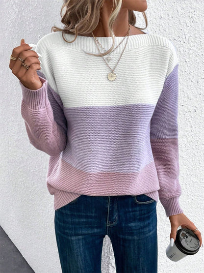 Color Block Drop Shoulder Long Sleeve Sweater-Angel Casuals