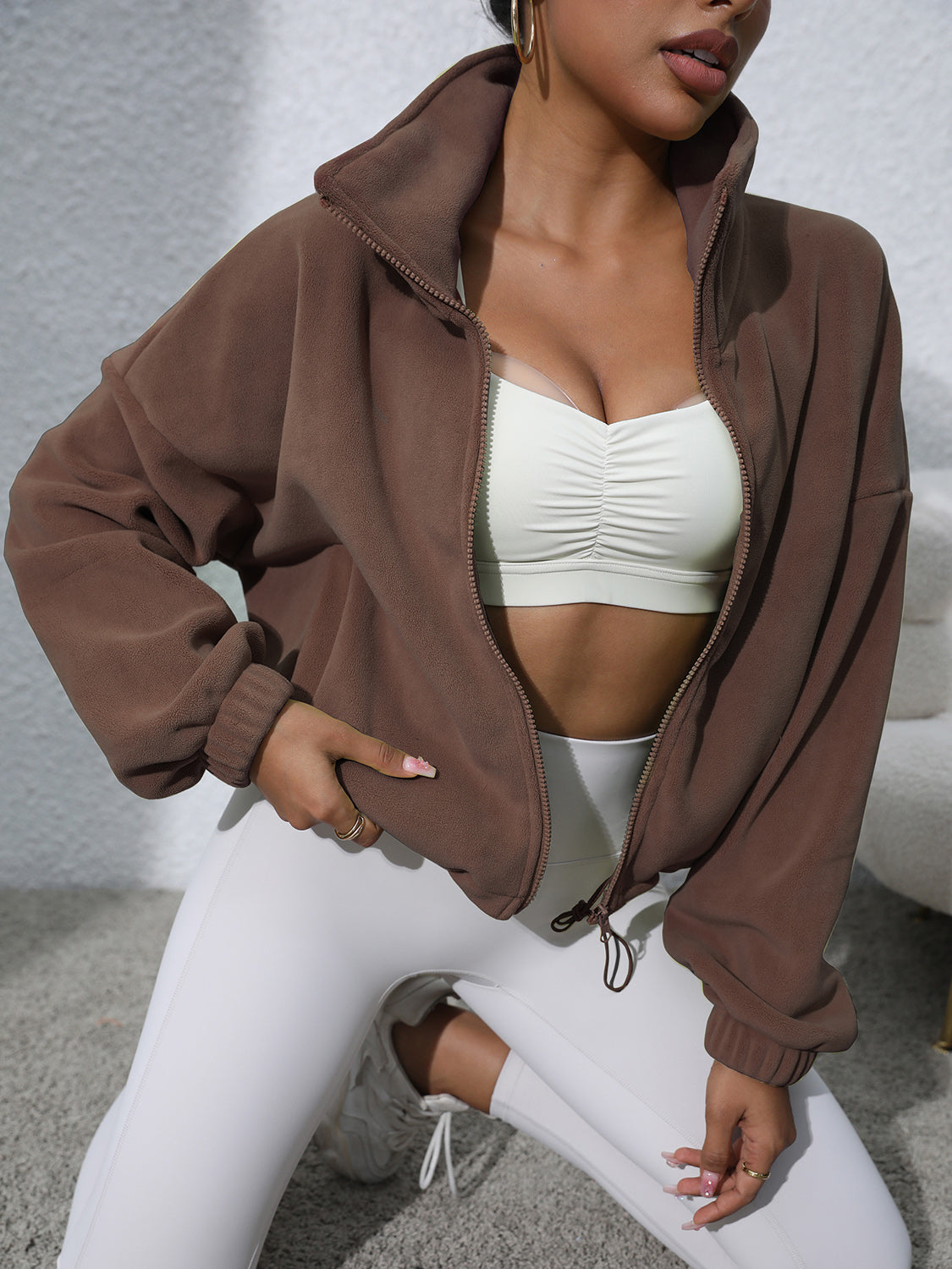 Drawstring Turtleneck Zip Up Long Sleeve Jacket-Angel Casuals