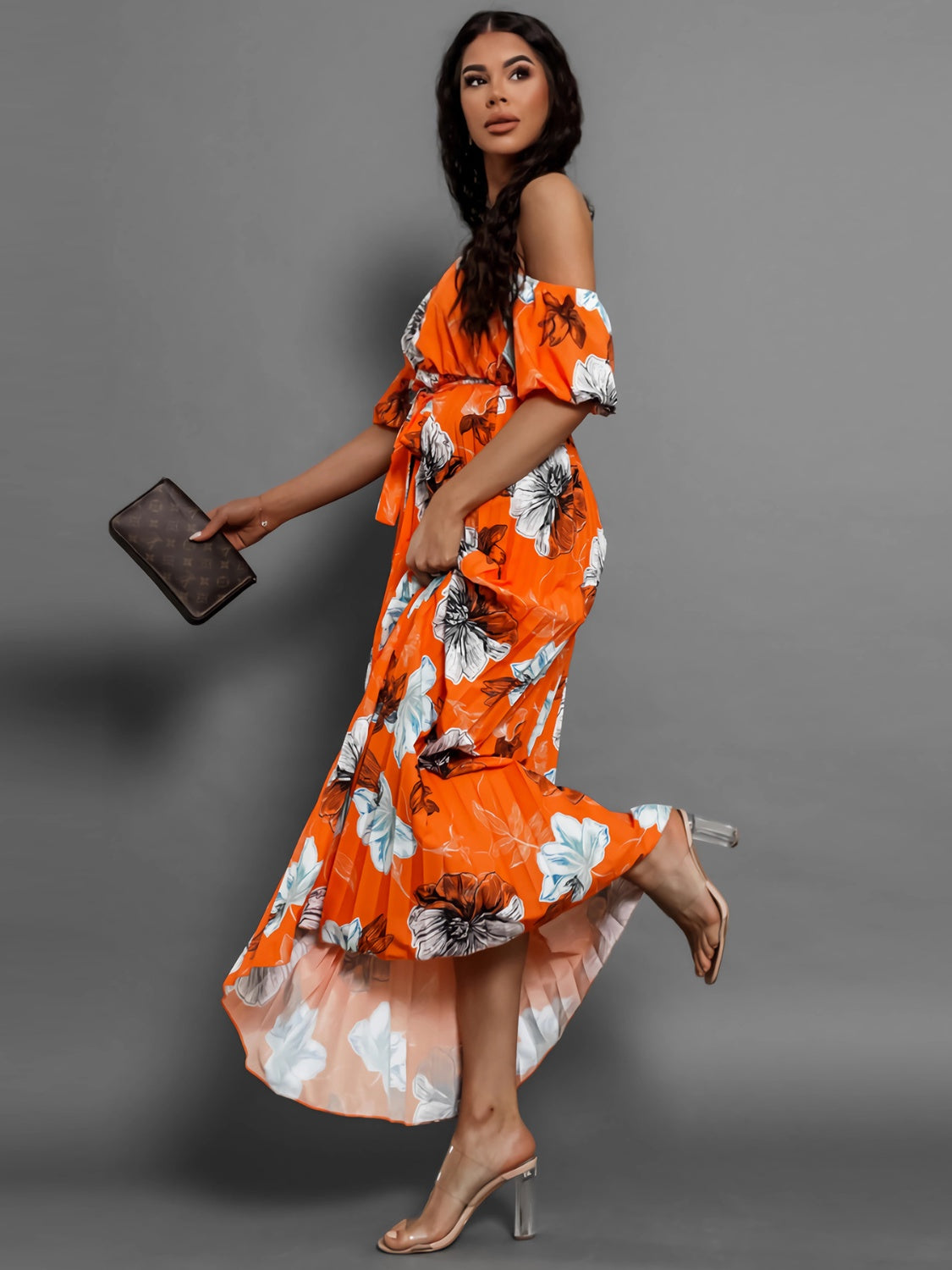 Pleated Floral Off-Shoulder Short Sleeve Midi Dress-Angel Casuals