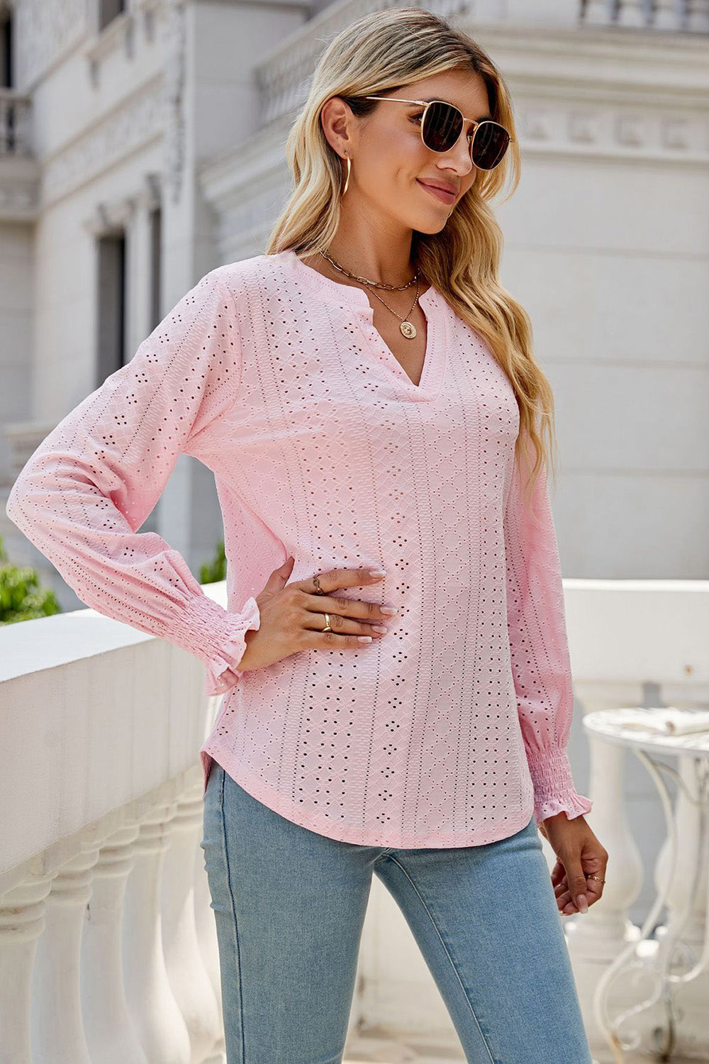 Eyelet Notched Lantern Sleeve T-Shirt-Angel Casuals