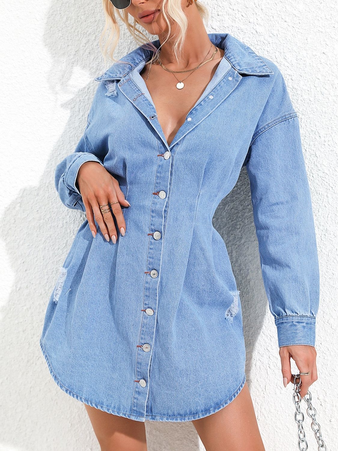 Distressed Button Up Long Sleeve Denim Dress-Angel Casuals