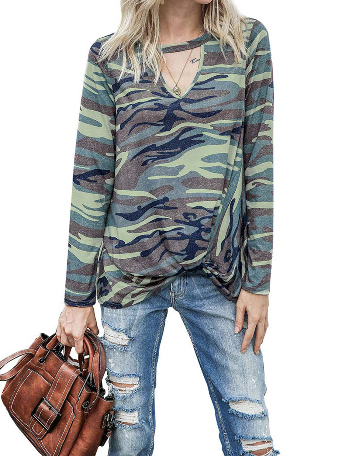 Cutout Round Neck Long Sleeve T-Shirt-Angel Casuals